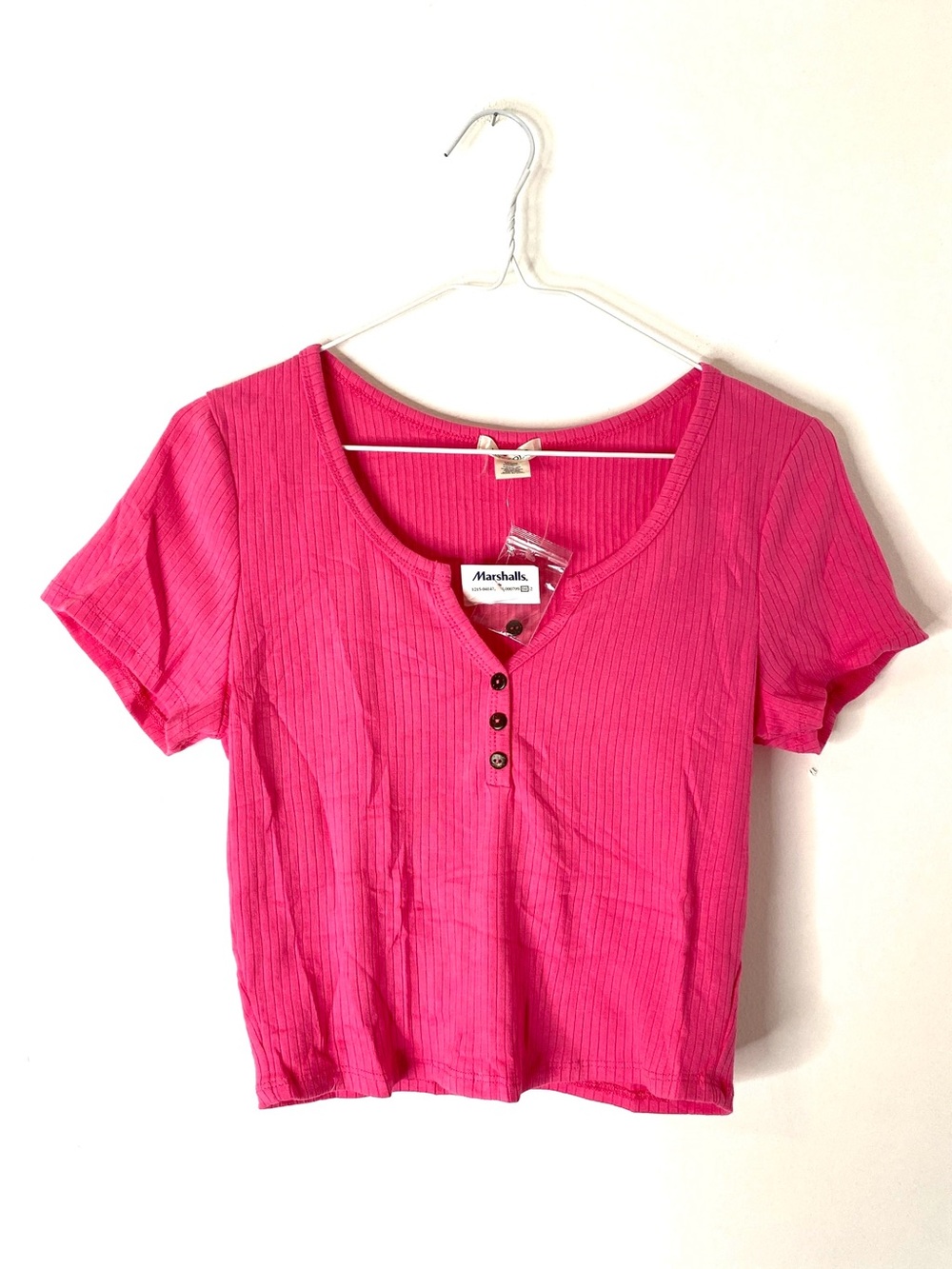 Hot Pink Ribbed Henley Crop Top Stretch Short Sleeve Bozzolo NWT